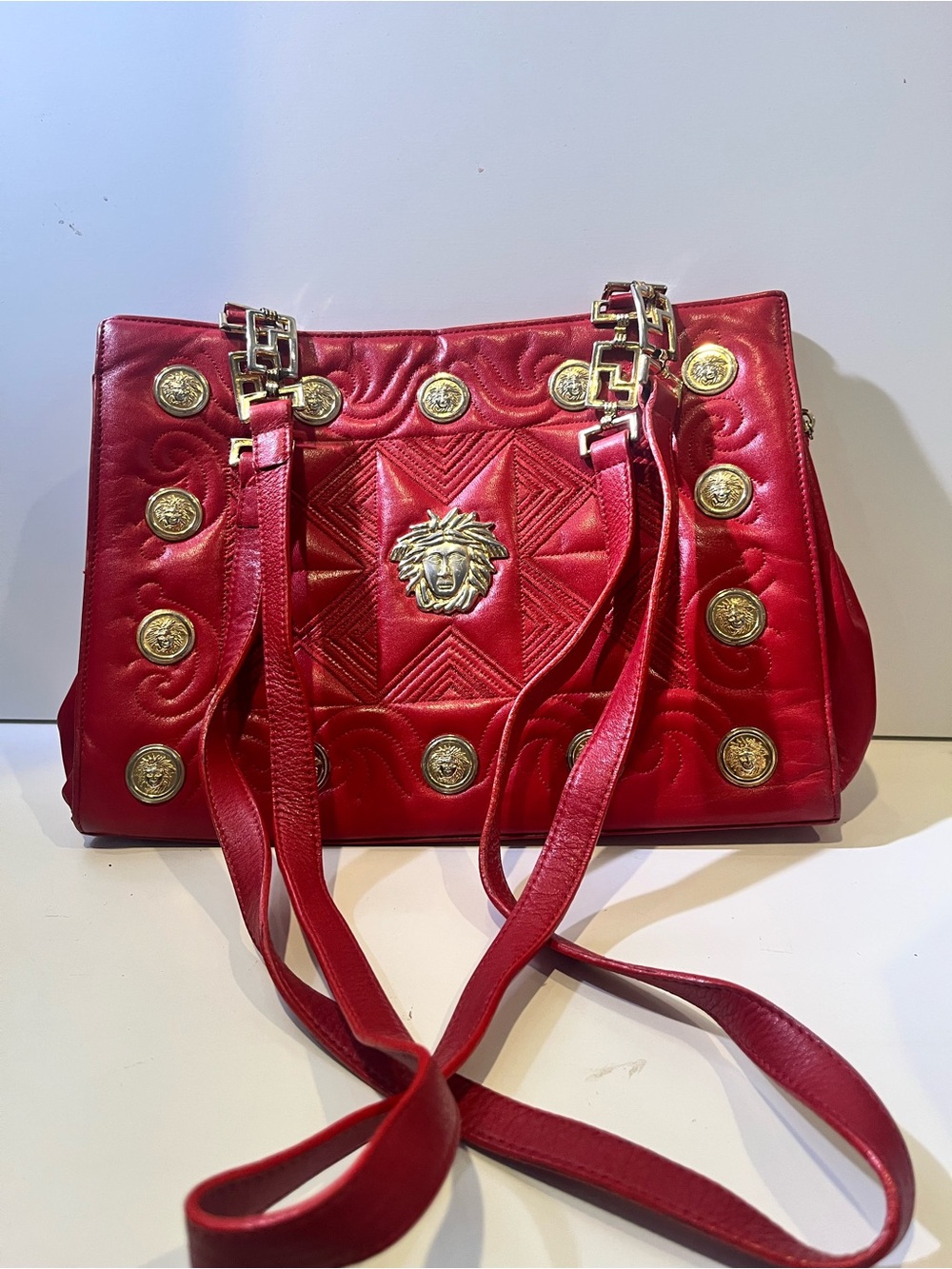 Red Quilted Medallion Shoulder Bag by Versace